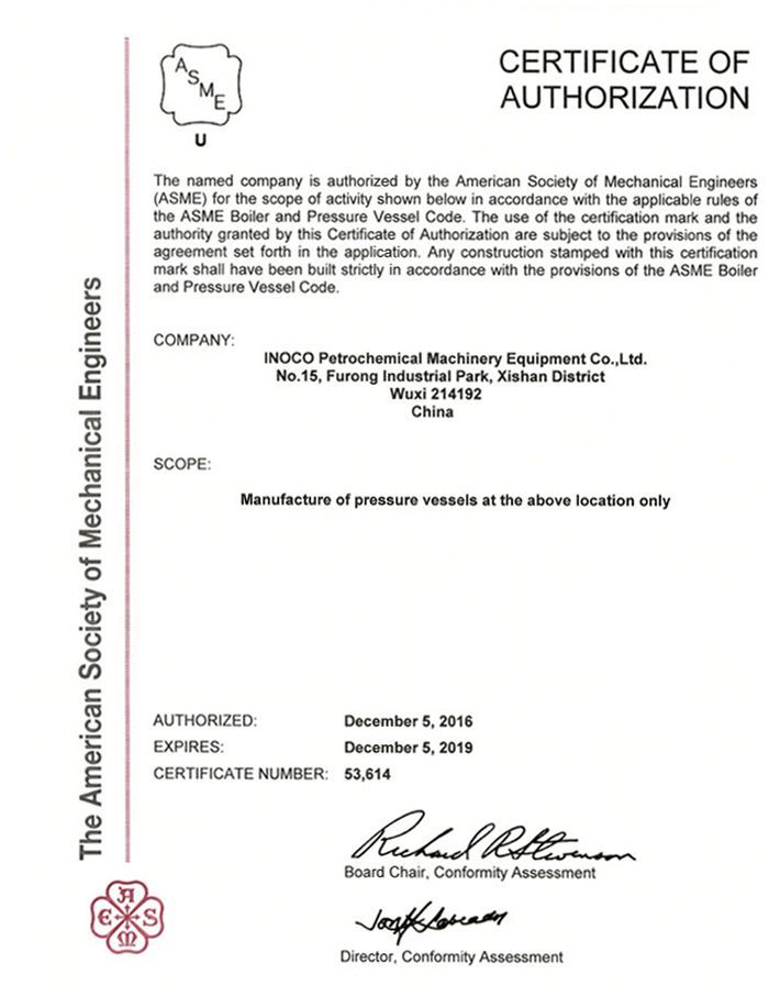 INOCO Obtains ASME U Stamp Production License